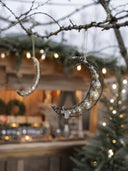 Two crescent moon Christmas ornaments hanging from bare tree branches outdoors. One ornament is metallic silver, and the other is dark metal with clear and silver bead accents.